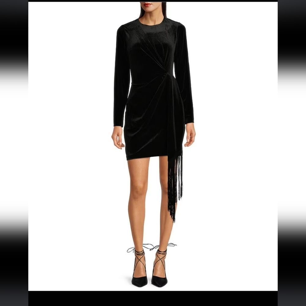 NWT Badgley Mischka Belle LBD Sexy Little Black Dress Velour Fringe Dress Size 4